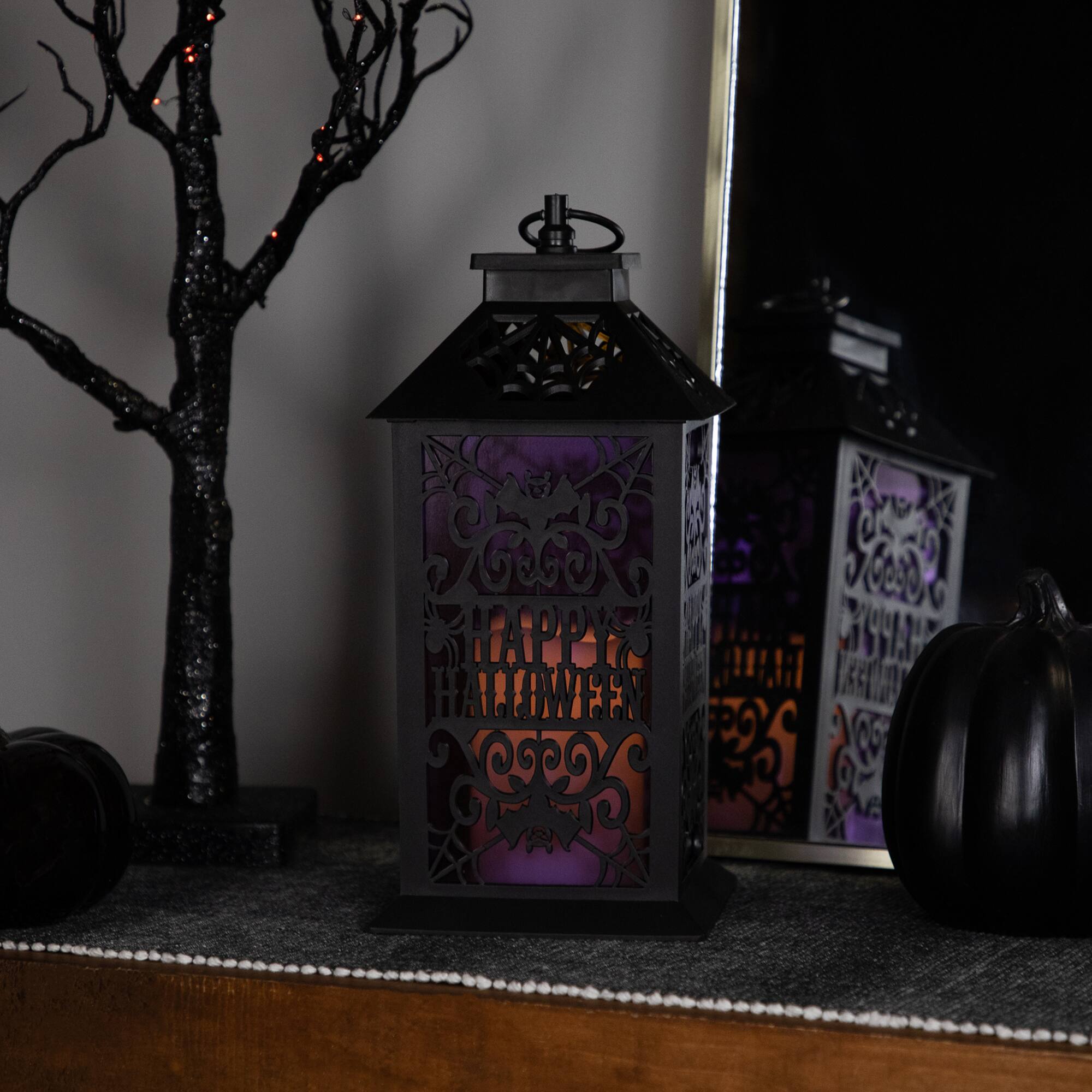 11" Black Bats Happy Halloween LED Candle Lantern